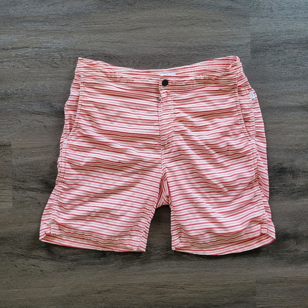 Onia Red and White Micro Stripe Flame The Calder Mens Swim Trunks Size Large